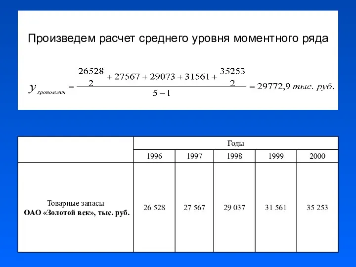 Произведем расчет среднего уровня моментного ряда