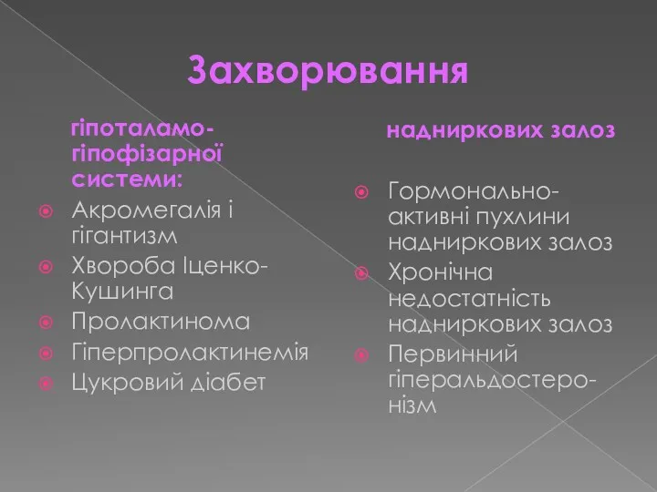 Захворювання гіпоталамо-гіпофізарної системи: Акромегалія і гігантизм Хвороба Іценко-Кушинга Пролактинома Гіперпролактинемія