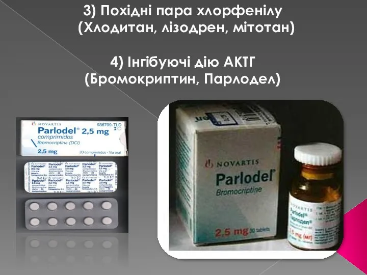 3) Похідні пара хлорфенілу (Хлодитан, лізодрен, мітотан) 4) Інгібуючі дію АКТГ (Бромокриптин, Парлодел)