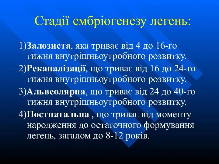 Стадії ембріогенезу легень: 1)Залозиста, яка триває від 4 до 16-го