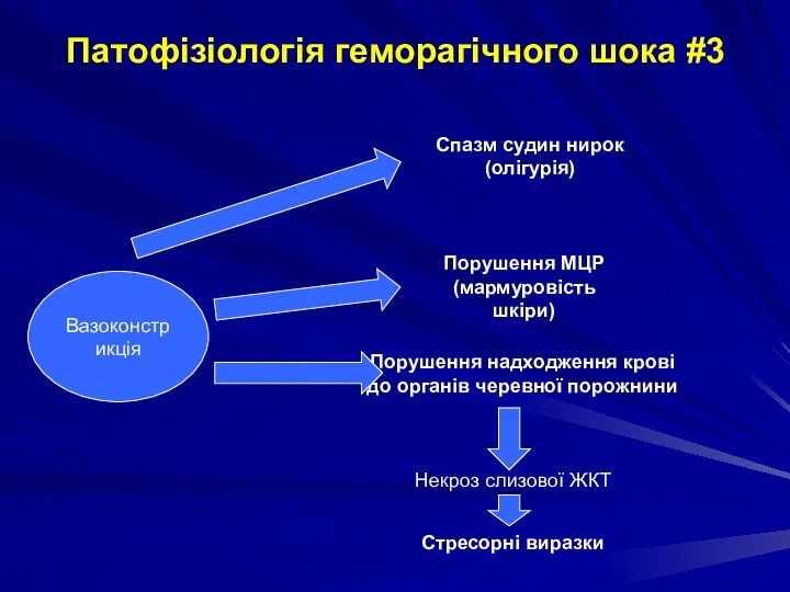 Вазоконстрикція Спазм судин нирок (олігурія) Порушення МЦР (мармуровість шкіри) Порушення надходження крові до