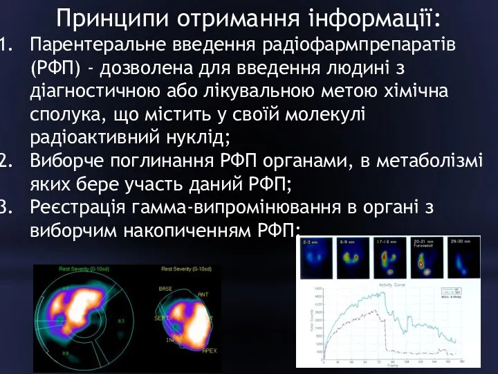 Принципи отримання інформації: Парентеральне введення радіофармпрепаратів (РФП) - дозволена для