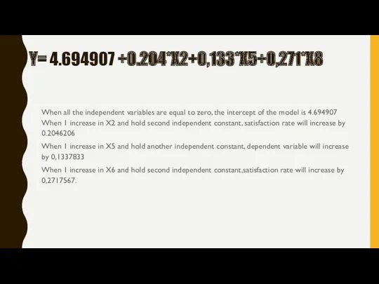 Y= 4.694907 +0.204*X2+0,133*X5+0,271*X8 When all the independent variables are equal
