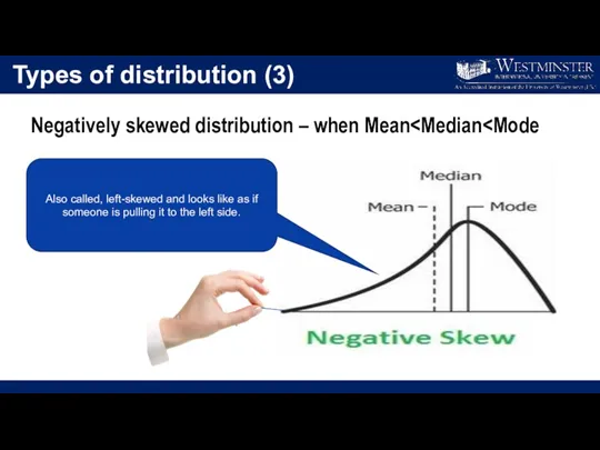 Types of distribution (3) Negatively skewed distribution – when Mean