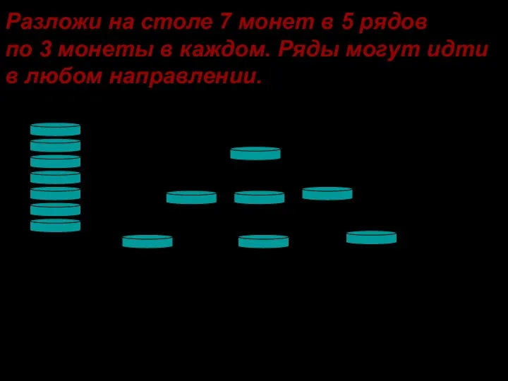 Разложи на столе 7 монет в 5 рядов по 3