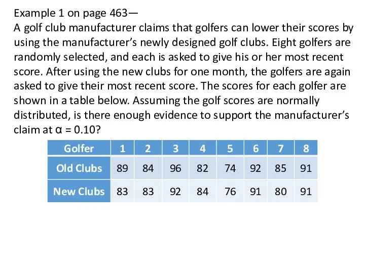 Example 1 on page 463— A golf club manufacturer claims