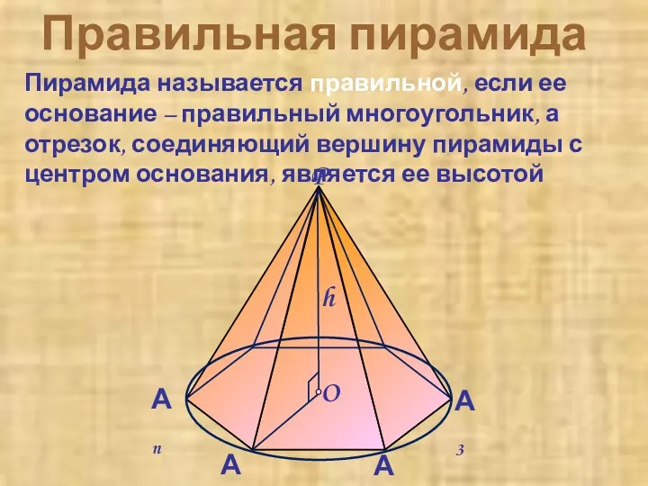 Правильная пирамида Пирамида называется правильной, если ее основание – правильный многоугольник, а отрезок,