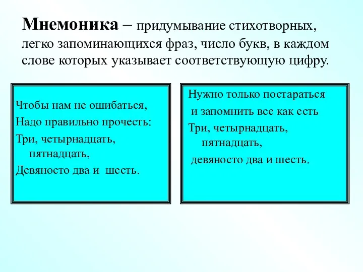 Мнемоника – придумывание стихотворных, легко запоминающихся фраз, число букв, в