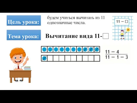 Цель урока: будем учиться вычитать из 11 однозначные числа. Тема урока: Вычитание вида 11-