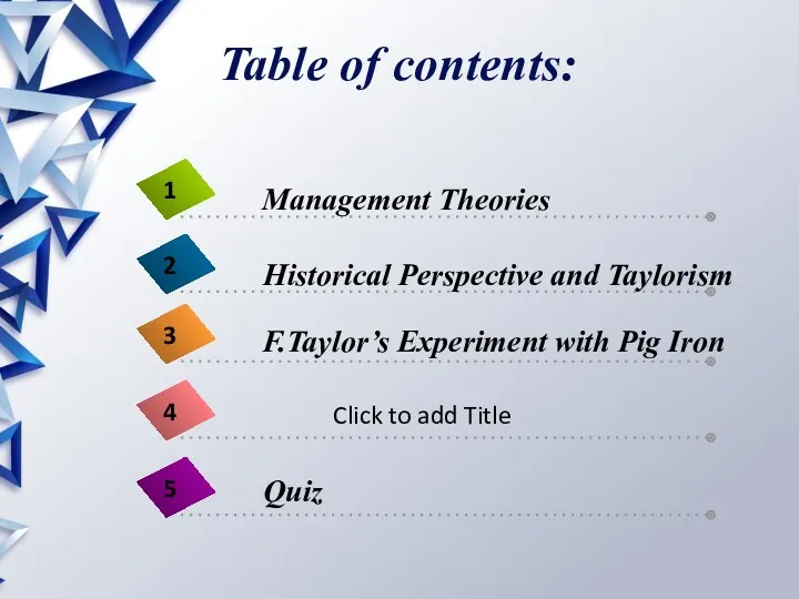 Table of contents: Historical Perspective and Taylorism