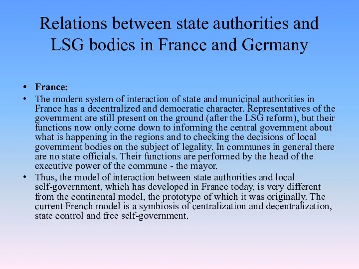 Relations between state authorities and LSG bodies in France and Germany France: The