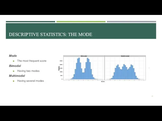 DESCRIPTIVE STATISTICS: THE MODE Mode The most frequent score Bimodal