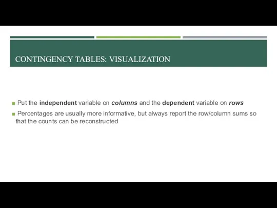 CONTINGENCY TABLES: VISUALIZATION Put the independent variable on columns and