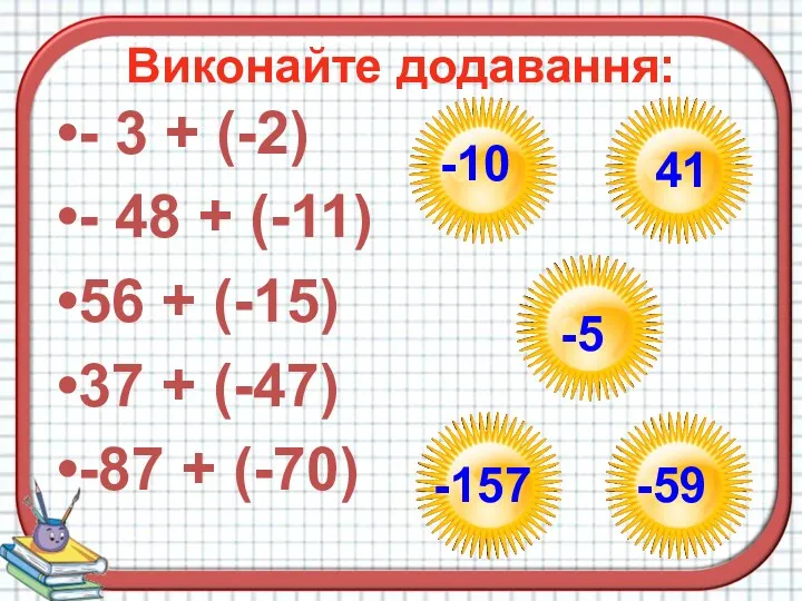 Виконайте додавання: - 3 + (-2) - 48 + (-11) 56 + (-15)