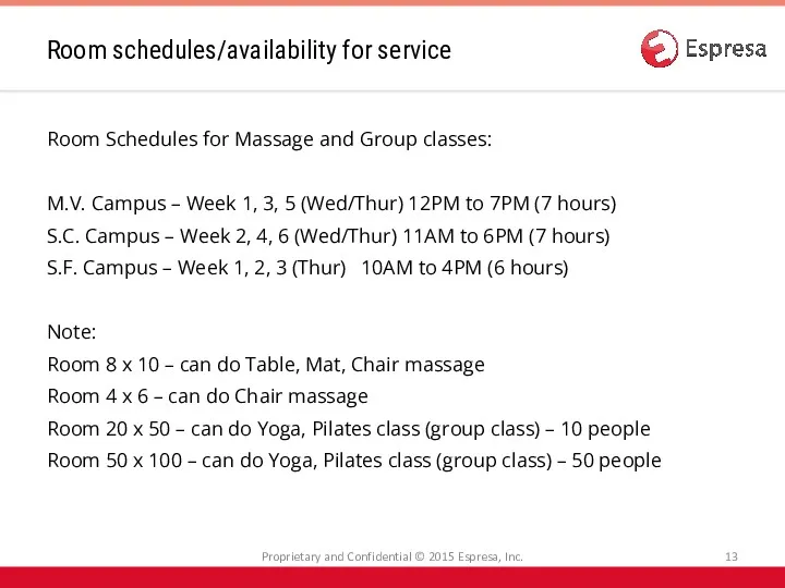 Room Schedules for Massage and Group classes: M.V. Campus –