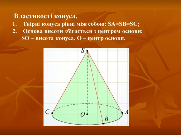 Властивості конуса. Твірні конуса рівні між собою: SA=SB=SC; Основа висоти