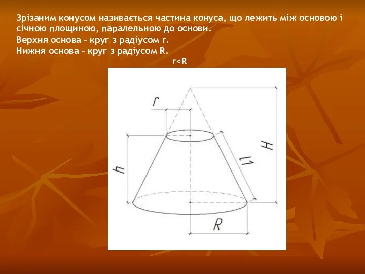 Зрізаним конусом називається частина конуса, що лежить між основою і