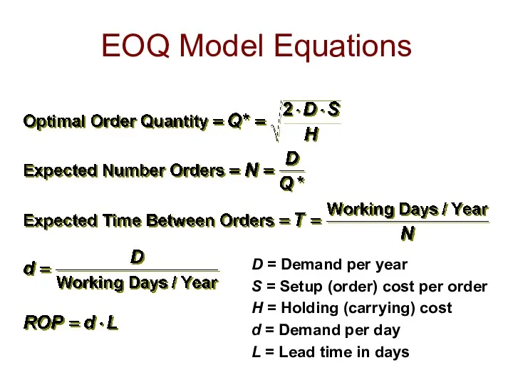 EOQ Model Equations D = Demand per year S =