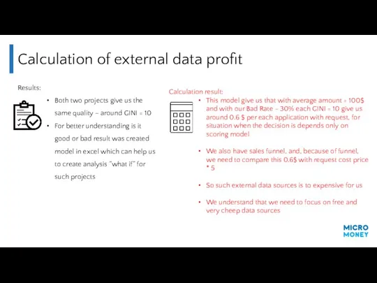 Calculation of external data profit Results: Both two projects give