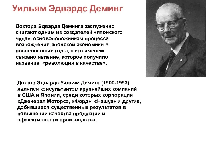 Уильям Эдвардс Деминг Доктора Эдварда Деминга заслуженно считают одним из