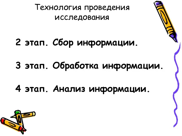 Технология проведения исследования 2 этап. Сбор информации. 3 этап. Обработка информации. 4 этап. Анализ информации.