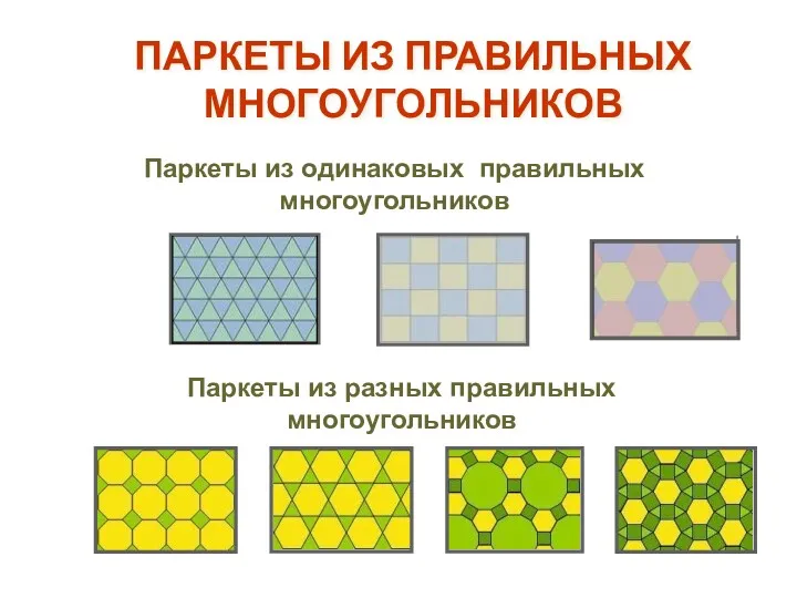 ПАРКЕТЫ ИЗ ПРАВИЛЬНЫХ МНОГОУГОЛЬНИКОВ Паркеты из одинаковых правильных многоугольников Паркеты из разных правильных многоугольников