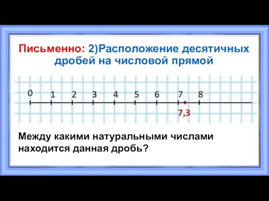 Письменно: 2)Расположение десятичных дробей на числовой прямой Между какими натуральными числами находится данная дробь?