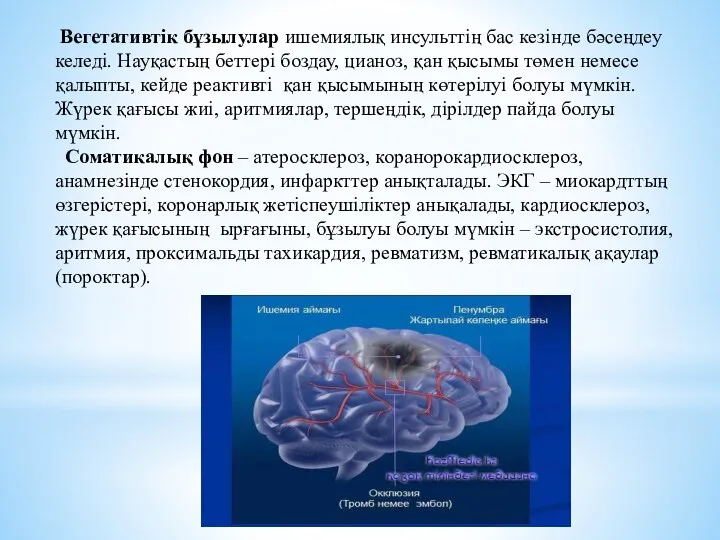 Вегетативтік бұзылулар ишемиялық инсульттің бас кезінде бәсеңдеу келеді. Науқастың беттері