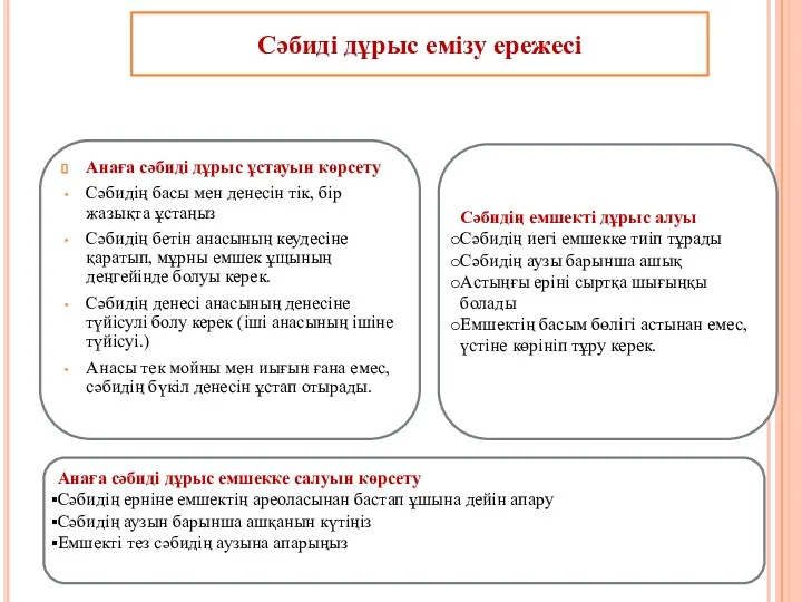 Анаға сәбиді дұрыс ұстауын көрсету Сәбидің басы мен денесін тік, бір жазықта ұстаңыз