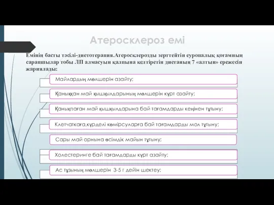 Атеросклероз емі Емінің басты тәсілі-диетотерапия.Атеросклерозды зерттейтін еуропалық қоғамның сарапшылар тобы ЛП алмасуын қалпына