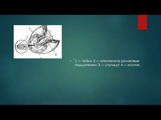 1 — гайка; 2 — конические роликовые подшипники; 3 — ступица; 4 — колпак.