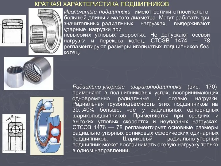 КРАТКАЯ ХАРАКТЕРИСТИКА ПОДШИПНИКОВ Игольчатые подшипники имеют ролики относительно большей длины