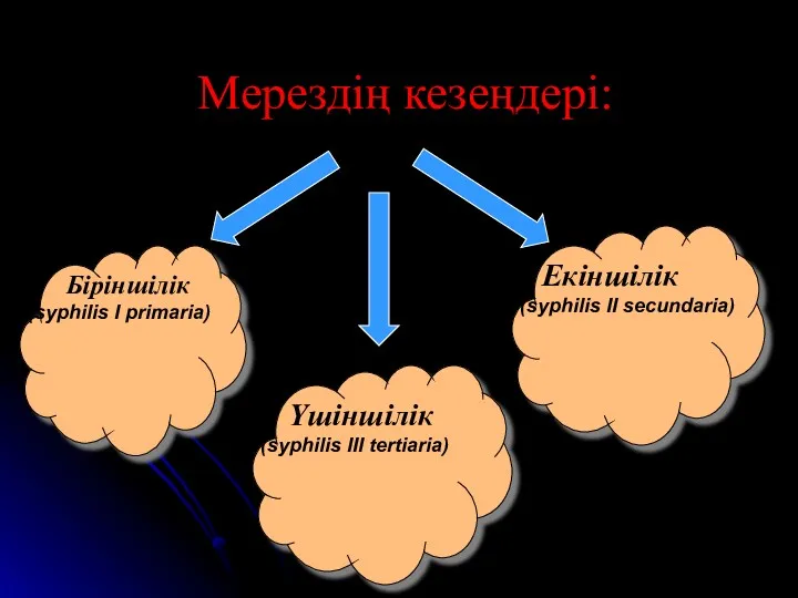 Мерездің кезеңдері: Біріншілік (syphilis I primaria) Үшіншілік (syphilis III tertiaria) Екіншілік (syphilis II secundaria)