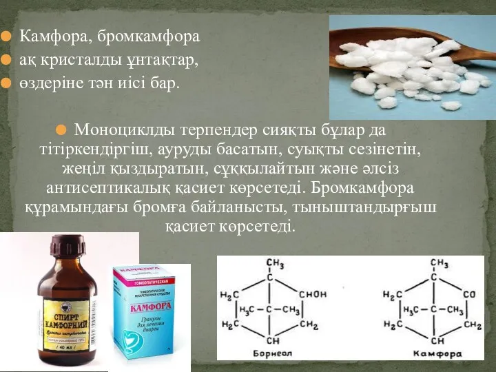 Камфора, бромкамфора ақ кристалды ұнтақтар, өздеріне тән иісі бар. Моноциклды