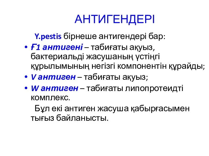 АНТИГЕНДЕРІ Y.pestis бірнеше антигендері бар: Ғ1 антигені – табиғаты ақуыз,