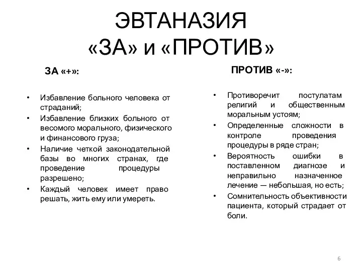 ЭВТАНАЗИЯ «ЗА» и «ПРОТИВ» ЗА «+»: Избавление больного человека от