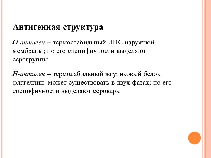 Антигенная структура О-антиген – термостабильный ЛПС наружной мембраны; по его