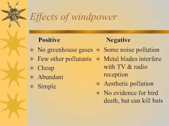 Effects of windpower No greenhouse gases Few other pollutants Cheap