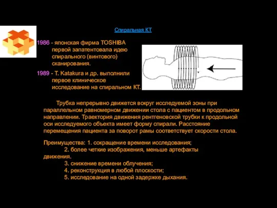 Спиральная КТ 1986 - японская фирма TOSHIBA первой запатентовала идею спирального (винтового) сканирования.