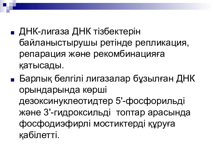 ДНК-лигаза ДНК тізбектерін байланыстырушы ретінде репликация, репарация және рекомбинацияға қатысады. Барлық белгілі лигазалар