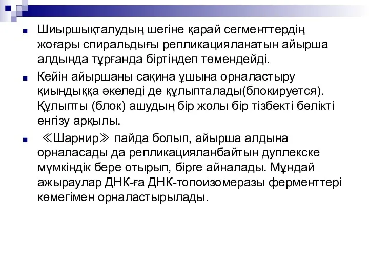 Шиыршықталудың шегіне қарай сегменттердің жоғары спиральдығы репликацияланатын айырша алдында тұрғанда