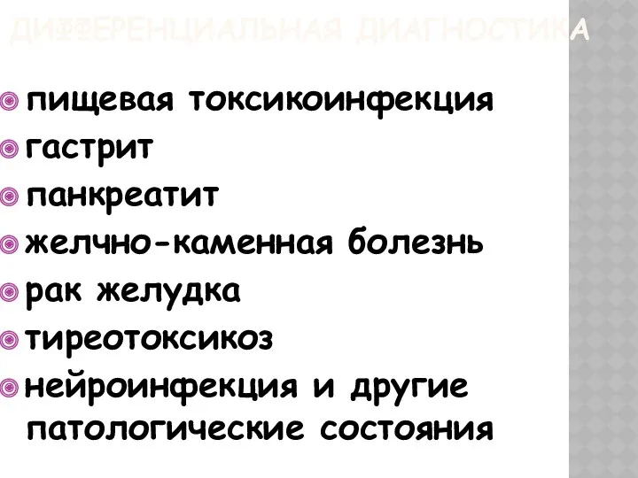 ДИФФЕРЕНЦИАЛЬНАЯ ДИАГНОСТИКА пищевая токсикоинфекция гастрит панкреатит желчно-каменная болезнь рак желудка тиреотоксикоз нейроинфекция и другие патологические состояния