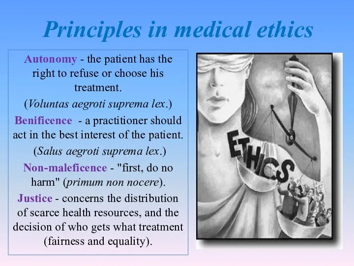 Principles in medical ethics Autonomy - the patient has the