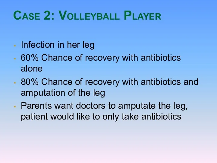 Case 2: Volleyball Player Infection in her leg 60% Chance