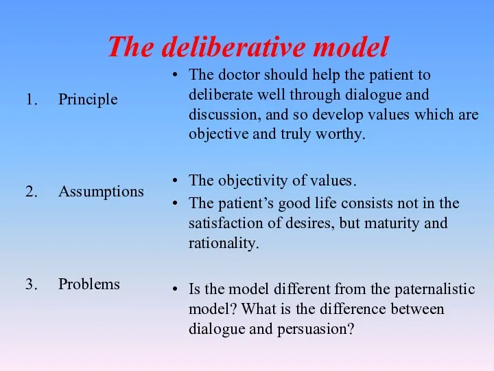 The deliberative model Principle Assumptions Problems The doctor should help