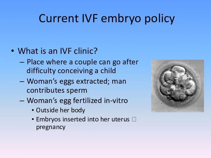 Current IVF embryo policy What is an IVF clinic? Place