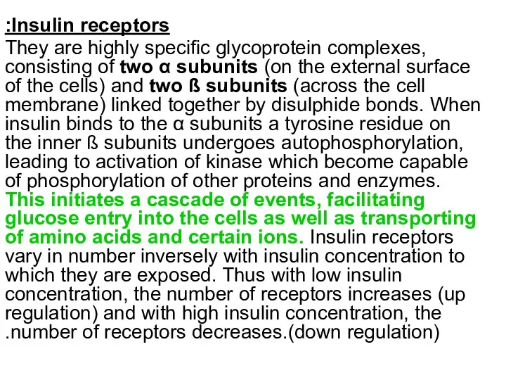 Insulin receptors: They are highly specific glycoprotein complexes, consisting of