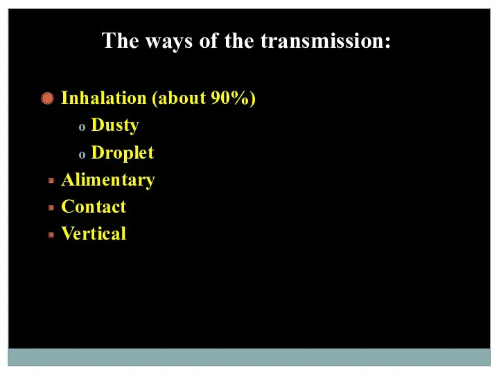 The ways of the transmission: Inhalation (about 90%) Dusty Droplet Alimentary Contact Vertical