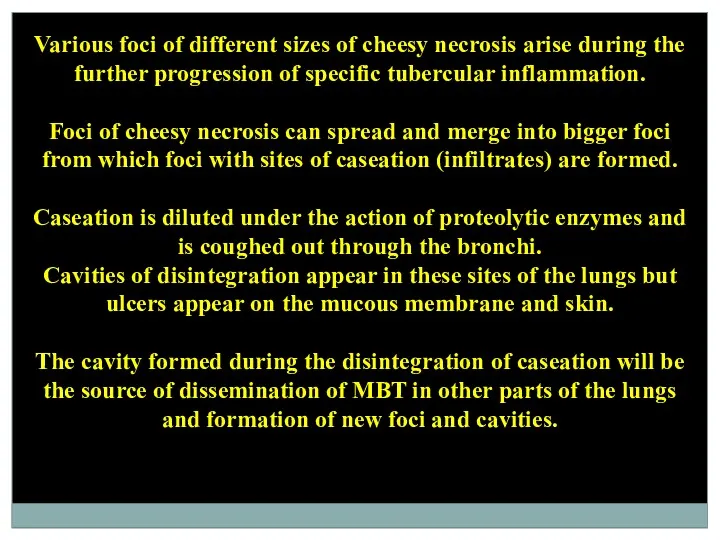 Various foci of different sizes of cheesy necrosis arise during