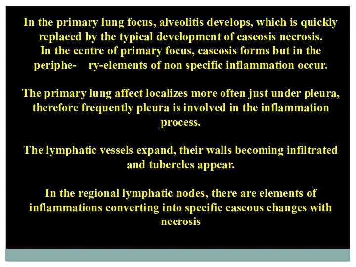In the primary lung focus, alveolitis develops, which is quickly
